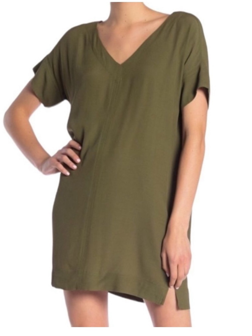 Madewell Olive Green V-Neck Short Sleeve Airy Novel Shift Dress Viscose/Lenzing